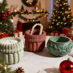 Christmas relief Santa resin mold candle holder set with knitted texture and winter scene