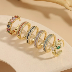 6-piece gold plated adjustable rings set with multi-color zircons in leaf and band designs