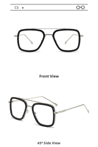 Front and 45-degree angle view of vintage square frame sunglasses with metal accents