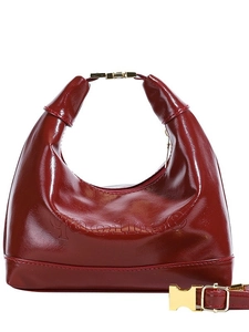 Elegant dark red patent leather hobo handbag with gold clasp and crossbody strap
