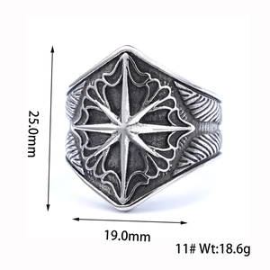 Macro view of Viking eight-pointed star ring with detailed size measurements and specs