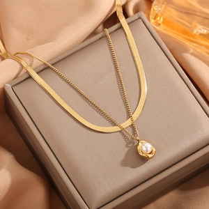 Double Layer Necklace Titanium Steel Gold Plated Irregular Artificial Pearl Pendant Snake Bone Chain Minimalist Elegant For Women