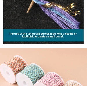 Detail of multi-colored metallic cotton cord showing DIY tassel fraying technique on dark leather