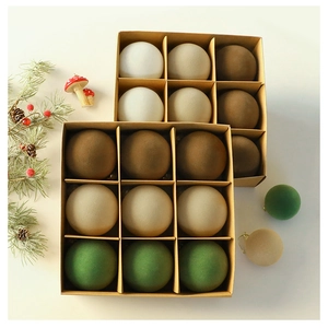 Detail of 9-piece flocked velvet Christmas ornaments in earth tones and display box