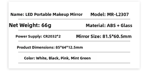 Detailed specs of portable LED makeup mirror showing ABS material and dimensions
