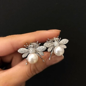 French retro silver bee stud earrings with white pearl and sparkling zircon accents
