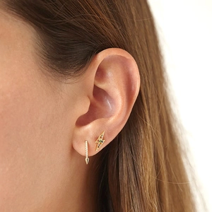 Luxury S925 silver needle hoop earring set with gold finish and rainbow zircon lightning studs