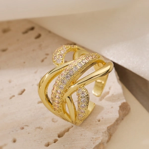 Irregular multilayer 18K gold plated ring with micro-pave zircons and open design