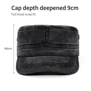 Classic dark grey washed cotton military flat top cap with 9cm deep crown design