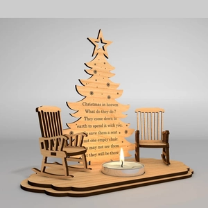 Detail of wooden Christmas tree stand with rocking chairs and glowing tea light candle