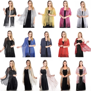 Collage of metallic lurex shawls with fringe shown in 15 vibrant wedding party colors