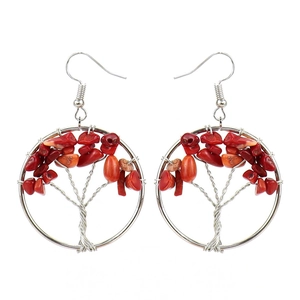 Detailed wire-wrapped tree of life earrings with red natural crystal stone chips