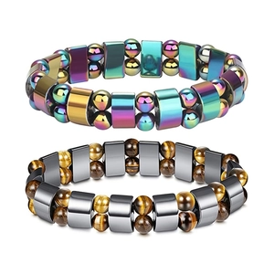 Magnetic yoga beaded bracelets with iridescent beads and tiger eye stones in double row