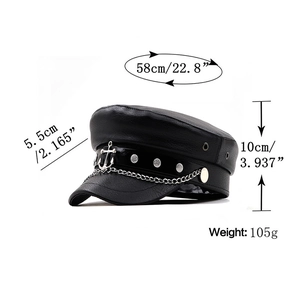 Dettagli del cappello militare in pelle PU con dimensioni e decorazione a catena metal