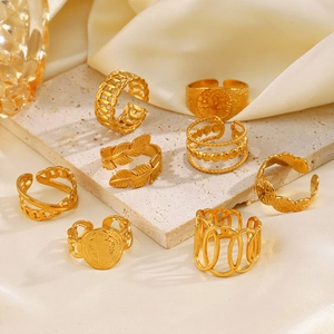Retro gold leaf and tree of life open rings set in vintage stainless steel style