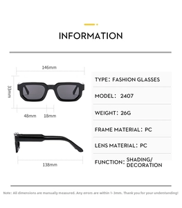 Detailed sizing chart and technical specifications for square fashion sunglasses in black