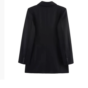 Back view of black satin blazer with padded shoulders and structured silhouette