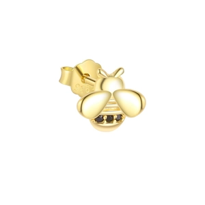 S925 sterling silver bee stud earring with black zircon stones in a golden finish