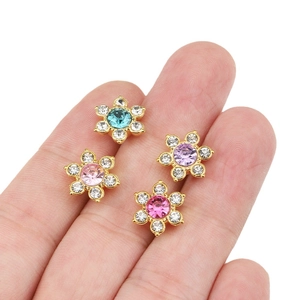 Detailed 13mm flower rhinestone accessories with gold alloy base and colorful zircons