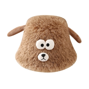 Cute brown plush bucket hat with animal ears and fuzzy texture for winter fashion