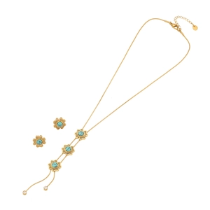 Golden flower jewelry set with turquoise stone and fringe stainless steel necklace