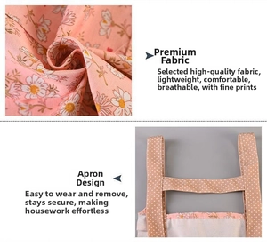 Detail of pink floral apron fabric and breathable white polka dot shoulder straps
