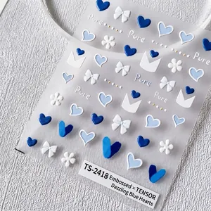 3D embossed nail art stickers featuring blue hearts and white bows style TS-2418