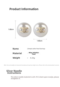 Detail view of pearl earrings showing 1.60cm diameter and 4.20g weight with logo