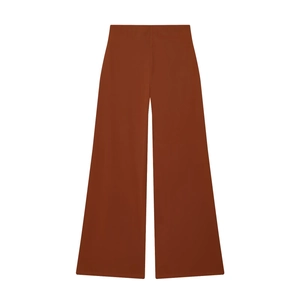 Detailed flat lay of high-waisted wide-leg trousers in earthy brown woven fabric