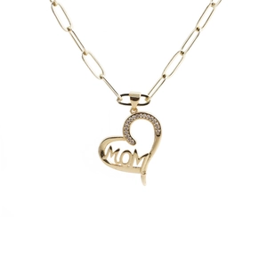 Gold heart MOM pendant necklace with zircons and paperclip chain for Mother's Day