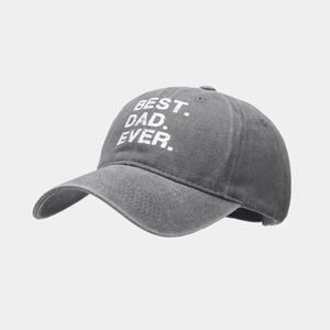 Detail of washed grey cotton baseball cap featuring BEST. DAD. EVER. white lettering