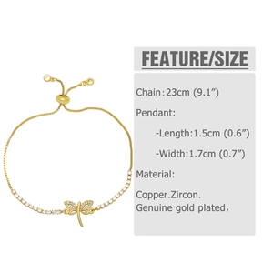 Detail view of gold butterfly bracelet with dimensions and adjustable zircon clasp