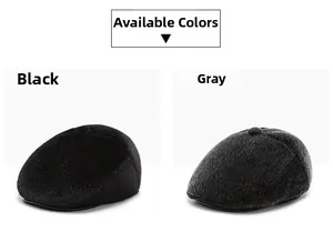 Detail view of winter faux mink flat caps in black and dark grey options