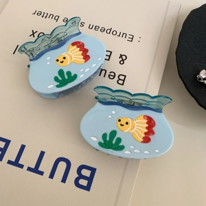Blue fishbowl acetate hair claw clip with goldfish and seaweed patterns for women