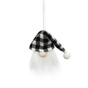 Detailed view of Style C Christmas gnome ornament featuring black and white buffalo plaid