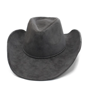 Detailed close-up of dark grey cowboy hat showing fine suede texture and reinforced stitching