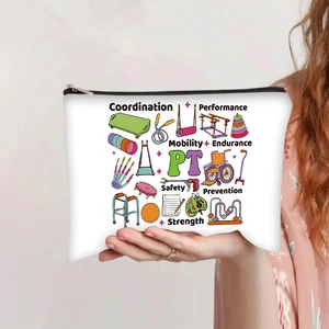Detail of physical therapy print on canvas cosmetic bag with zipper and hand grip