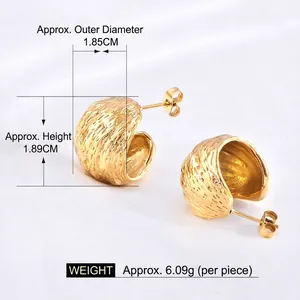 French style brushed texture golden C-shaped hoop earrings with 1.85cm diameter