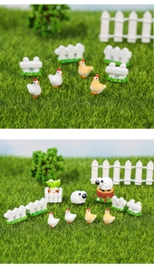 Miniature farm animal set with resin chickens, sheep, white fence, and small trees