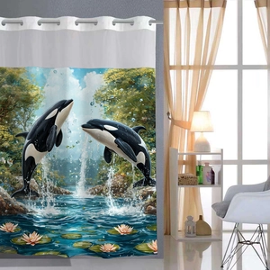 Detail of waterproof shower curtain with orca print and silver metal grommet rings