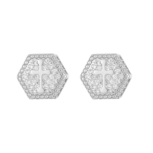 Macro shot of silver hexagonal hip hop stud earrings with cross micro-pave cubic zirconia