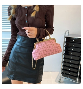 Close-up of pink tweed shell bag featuring vintage gold metal handle and chain strap