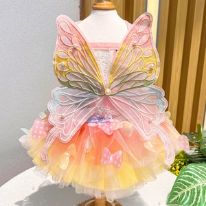 Detailed close-up of pink and yellow gradient pet tutu dress with embroidery and pearls