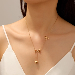 Stainless Steel Bowknot Heart Necklace And Bracelet For Women Double Layer Gold Silver Elegant Jewelry Accessory