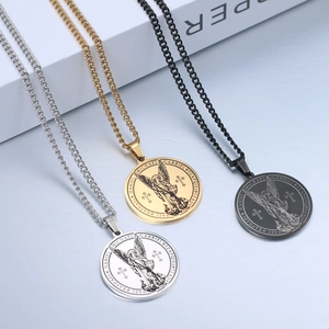 Archangel Michael pendant necklaces in silver, gold, and black with Cuban chains