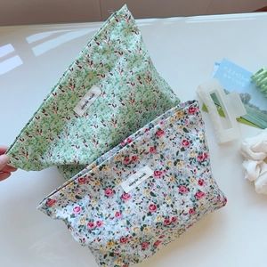 Floral Print Cotton Cosmetic Makeup Bag Canvas Travel Organizer Clutch Handbag Fresh Sweet Style For Women Zipper Closure