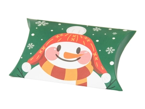 Detail of a green Christmas pillow candy box featuring a cute snowman and snowflake pattern