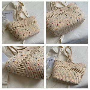 Detailed views of beige woven tote bag featuring colorful dots and textured cotton rope weave
