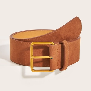 Close-up of vintage brown suede wide belt with polished square golden metal buckle
