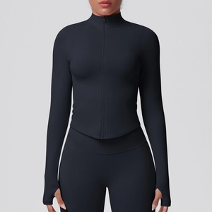 Detail of high-stretch sports jacket cuff featuring functional thumbholes and zipper design